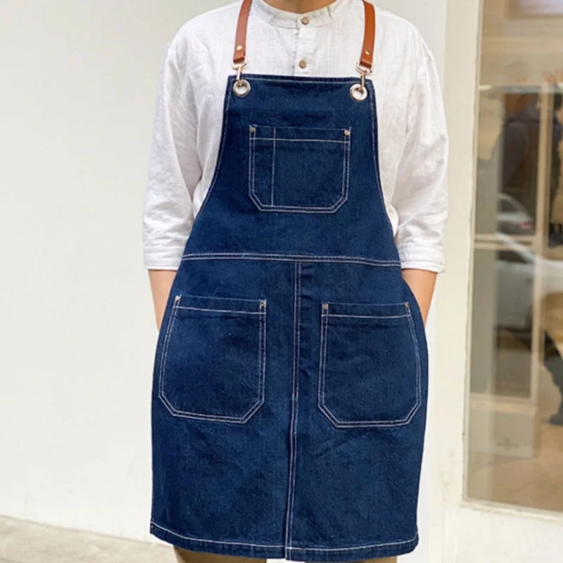 Blue Black Denim Apron Barista Cafe Bartender Pastry Chef Uniform Restaurant Bistro Florist Painter Ceramic Artist Workwear