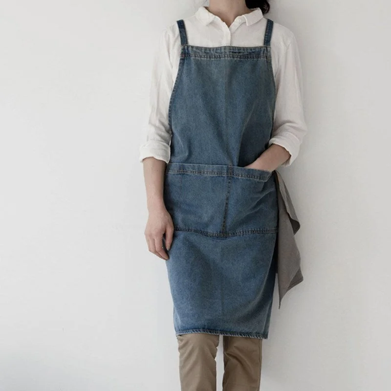 Blue Denim Apron Cafe Barista Baker Bartender Waitress Pastry Chef Catering Uniform Florist Gardener Painter Artist Workwear