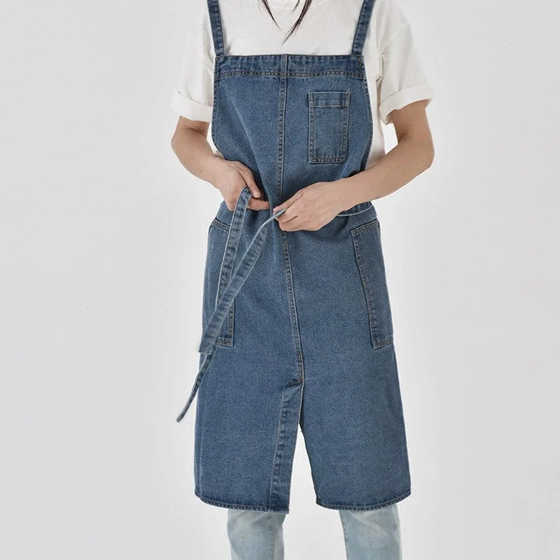 Blue Denim Cross-back Apron Barista Baker Bartender Pastry Chef Catering Uniform Florist Gardener Painter Manicure Work wear