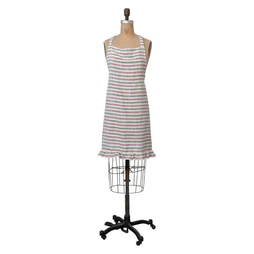 Holiday Woven Cotton Striped Apron with Ruffle 32"L x 28"W