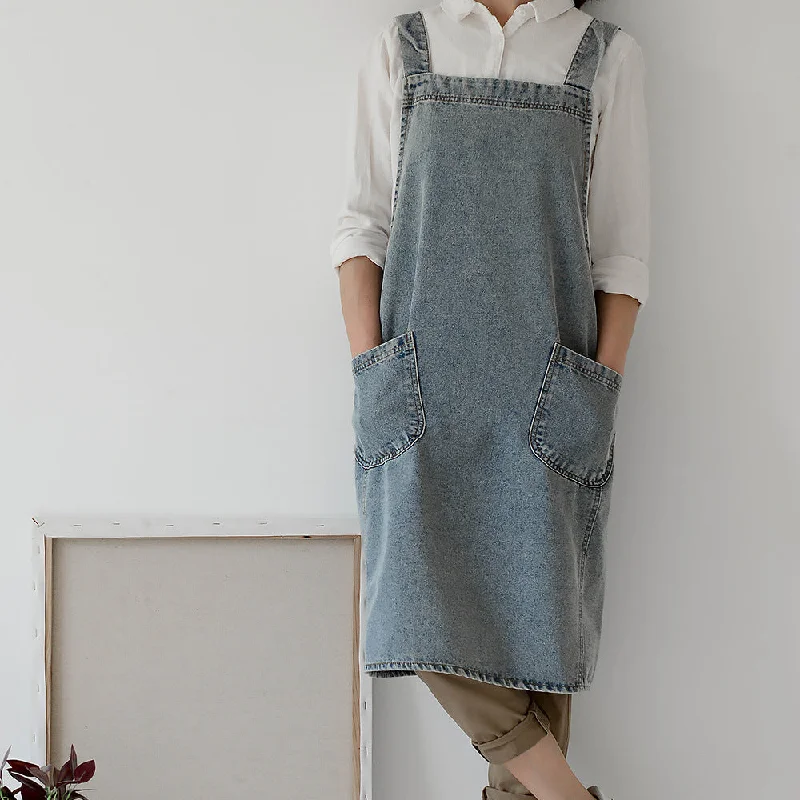 Cross-back Blue Denim Apron Barista Baker Bartender Waitress Pastry Chef Uniform Florist Gardener Painter Manicure Work wear