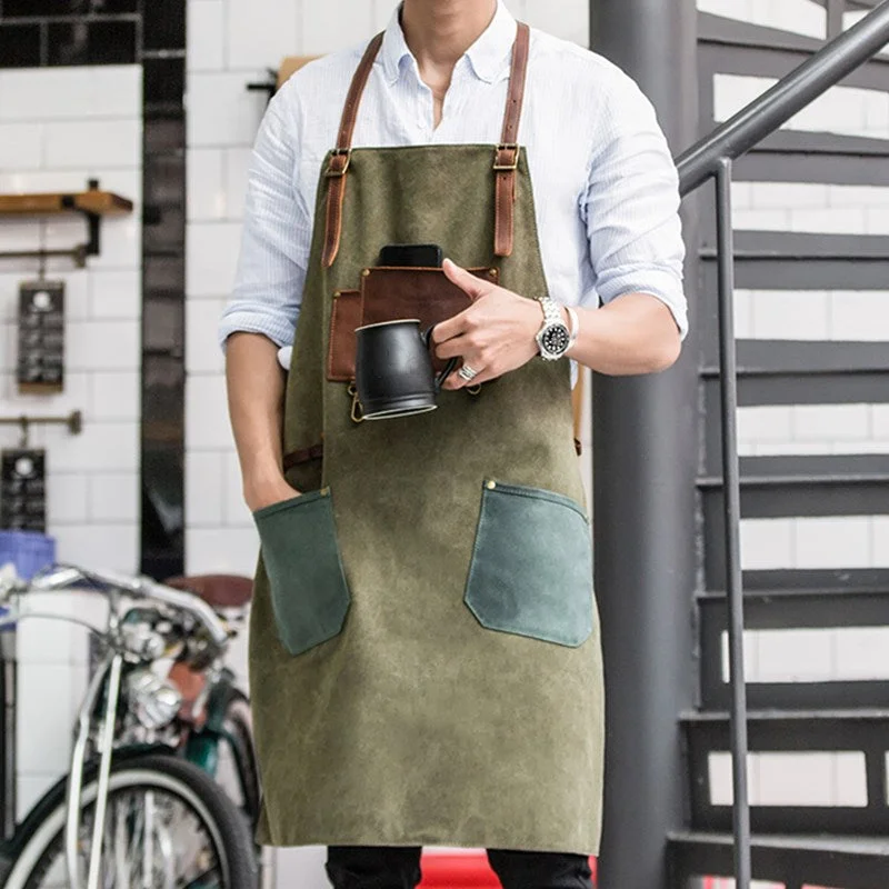 Cross-back Canvas Apron Leather Cotton Straps Barber Florist Gardener Painter Work Wear Barista Bartender Uniform