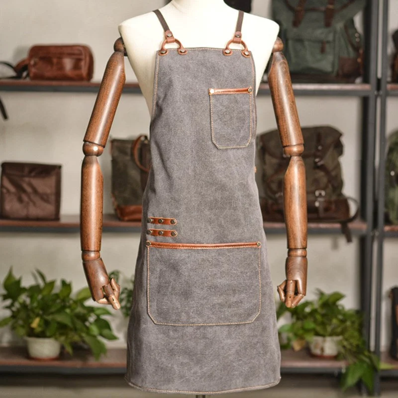 Cross-back Gray Canvas Apron Cafe Barista Bartender Restaurant BBQ Pastry Chef Uniform Florist Barber Gardener Workwear