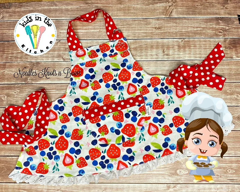 Girls Cooking Apron, Fruit Print, Adjustable Strap & Pocket