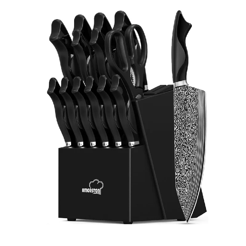 15-Piece Amorston Kitchen German Stainless Steel Knife Sets with Block