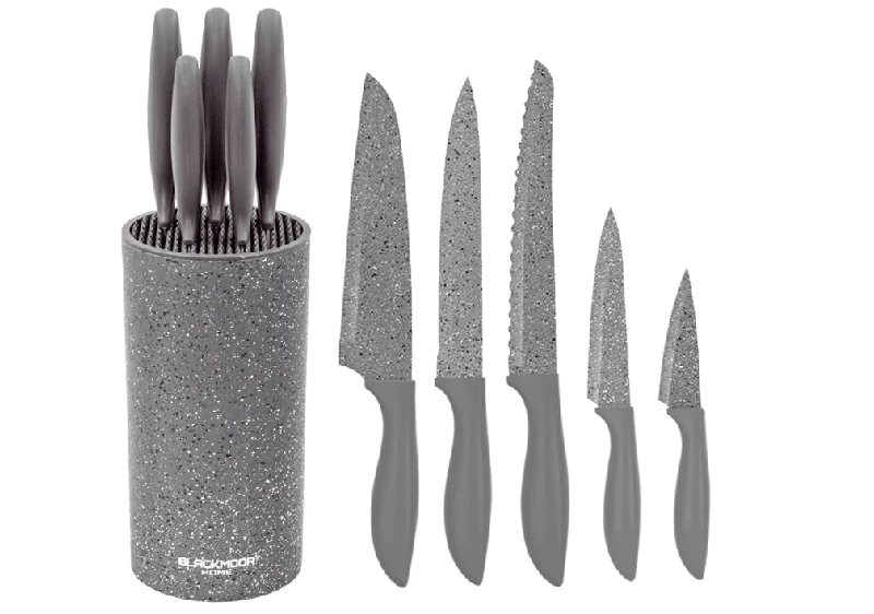 Blackmoor 66919 5-Piece Knife Set / Comes with Freestanding Storage Block / Stainless Steel Knives / Non-Stick Grey Marble Coating / Easy Clean / Modern & Stylish Kitchen Accessory