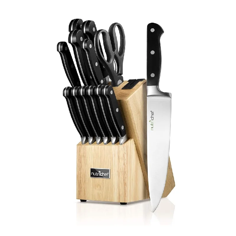 NutriChef 13-Piece German Stainless Steel Cutlery Knife Set with Wood Block