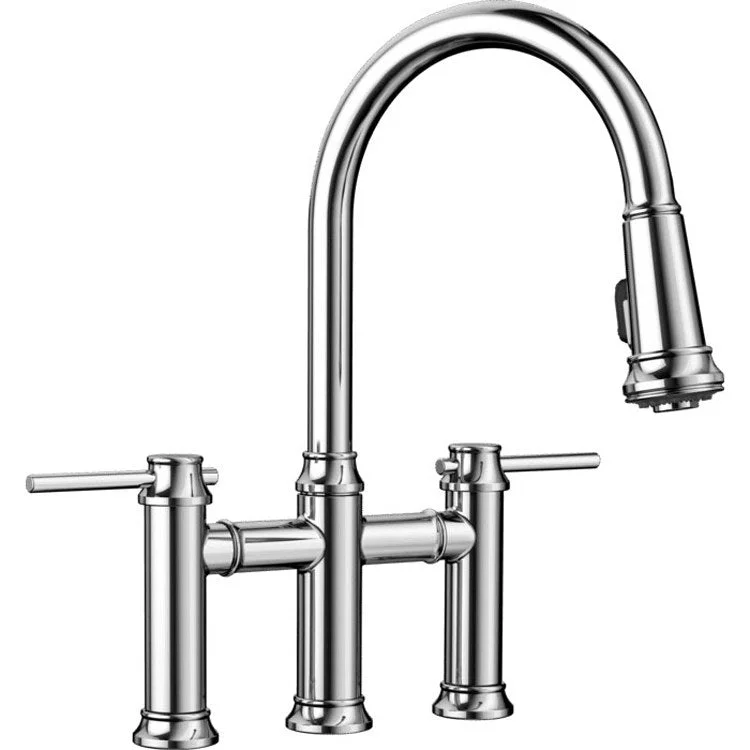 Empressa Two Handle Bridge Kitchen Faucet with Pull Down Sprayer - Chrome