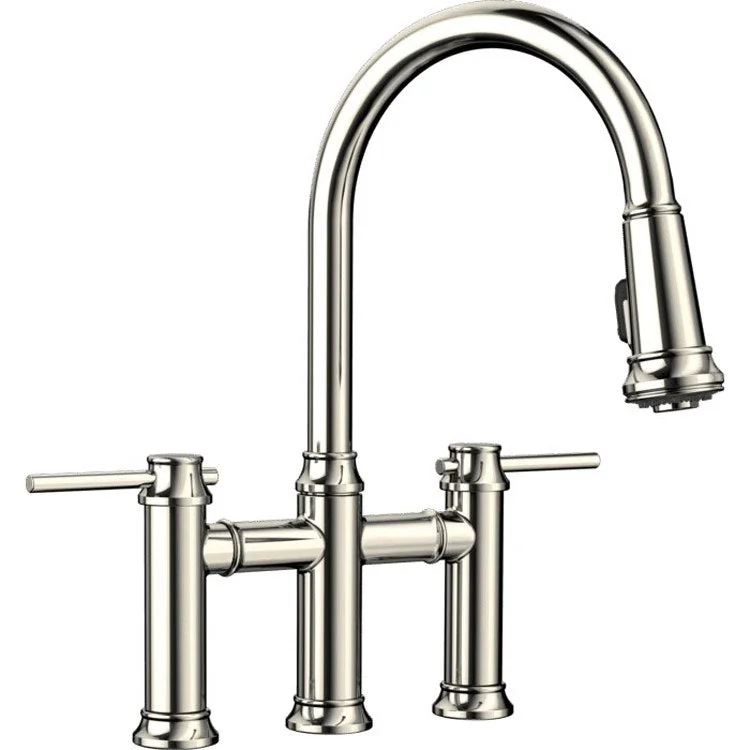 Kitchen Faucet Empressa Bridge 8 Inch Spread 2 Lever CALGreen Polished Nickel 1.5 Gallons per Minute