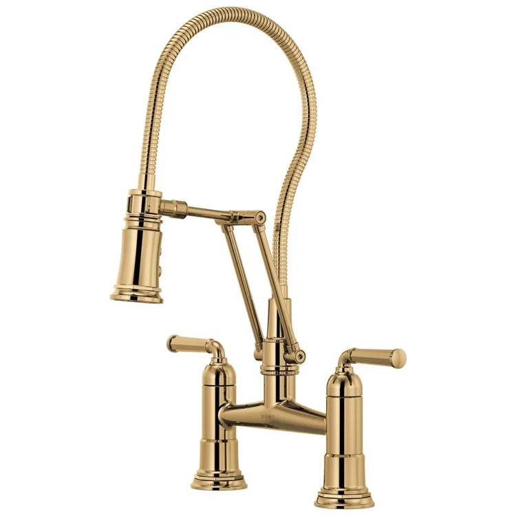 Kitchen Faucet Rook Bridge with Finished Semi-Flexible Hose 8 Inch Spread 2 Lever ADA Brilliance Polished Gold 1.8 Gallons per Minute