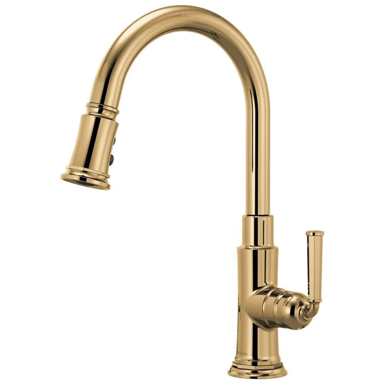 Kitchen Faucet Rook 1 Lever ADA Brilliance Polished Gold Pull Down 2 Function Handspray 1.8 Gallons per Minute