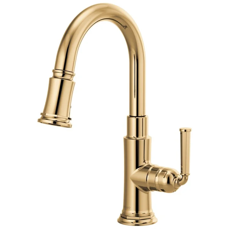 Prep Faucet Rook 1 Lever ADA Brilliance Polished Gold Pull Down 2 Function Aerated Stream or Spray 360 Degree Swivel