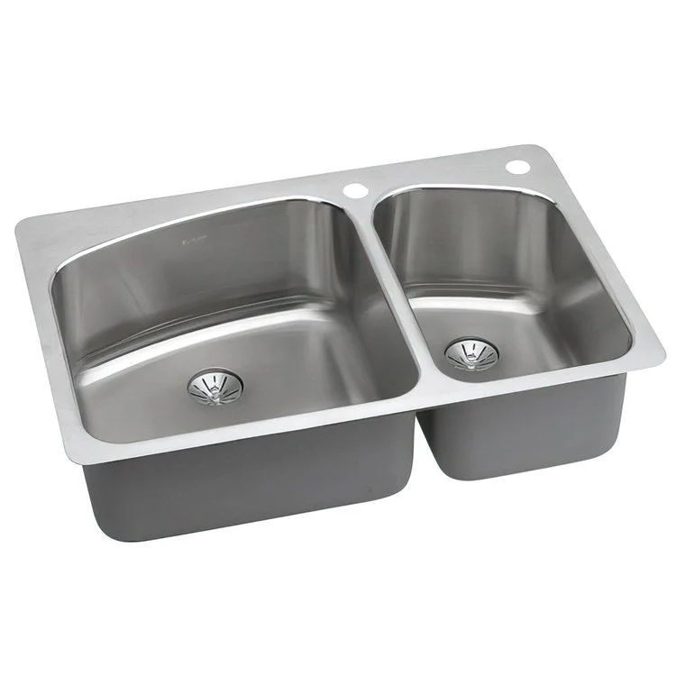 Kitchen Sink Lustertone Classic 33 x 22 Inch Double Bowl 60/40 with Perfect Drain Lustrous Satin Drop-In Stainless Steel Undermount Rear Drain Location Center Sides and Bottom Pads