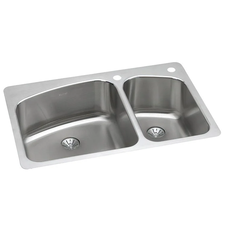 Kitchen Sink Lustertone Classic 33 x 22 Inch Double Bowl 60/40 with Perfect Drain 2R Hole Lustrous Satin Drop-In Stainless Steel Undermount Rear Drain Location Center Sides and Bottom Pads