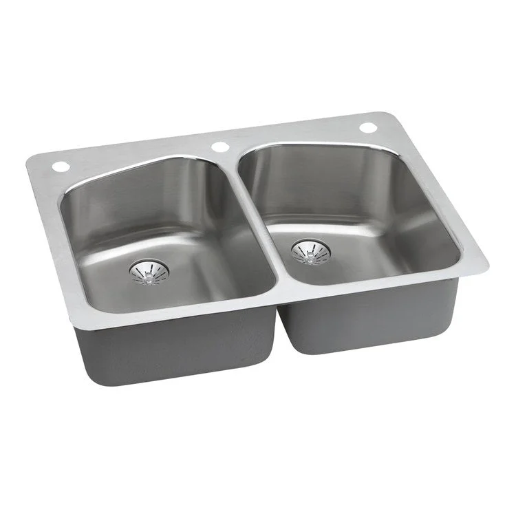 Kitchen Sink Lustertone Classic 33 x 22 Inch Double Bowl Equal with Perfect Drain 2L Hole Lustrous Satin Drop-In Stainless Steel Undermount Rear Drain Location Center Sides and Bottom Pads