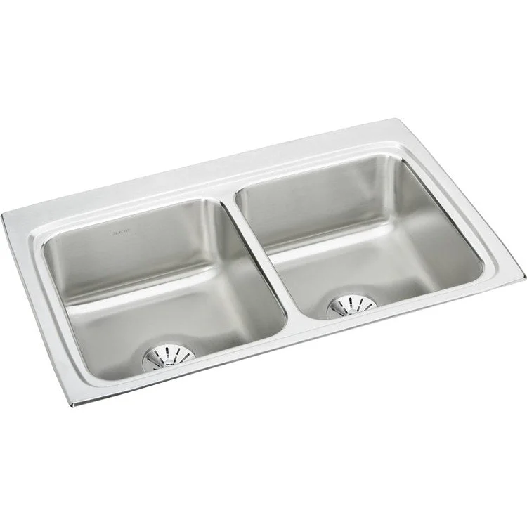 Kitchen Sink Lustertone Classic 33 x 22 Inch Double Bowl Equal with Perfect Drain Lustertone Top Mount Stainless Steel Drain Location Center Side and Bottom Pads