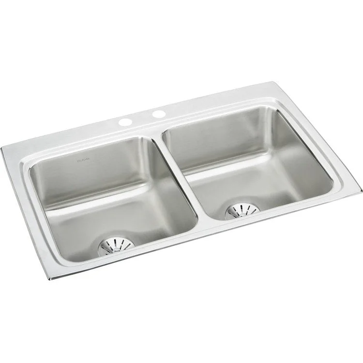 Kitchen Sink Lustertone Classic 33 x 22 Inch Double Bowl Equal with Perfect Drain 2 Hole Lustertone Top Mount Stainless Steel Drain Location Center Side and Bottom Pads