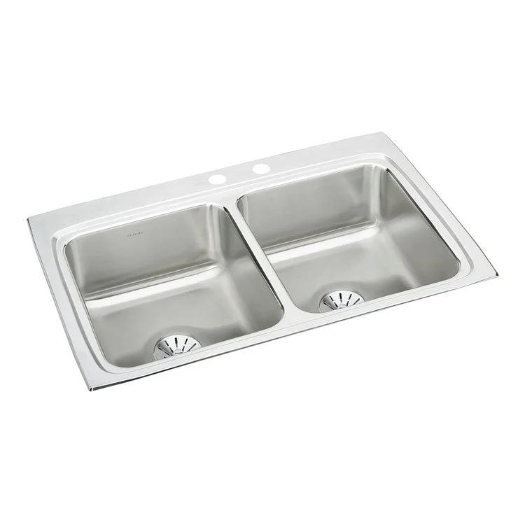 Kitchen Sink Lustertone Classic 33 x 22 Inch Double Bowl Equal with Perfect Drain MR2 Hole Lustertone Top Mount Stainless Steel Drain Location Center Side and Bottom Pads