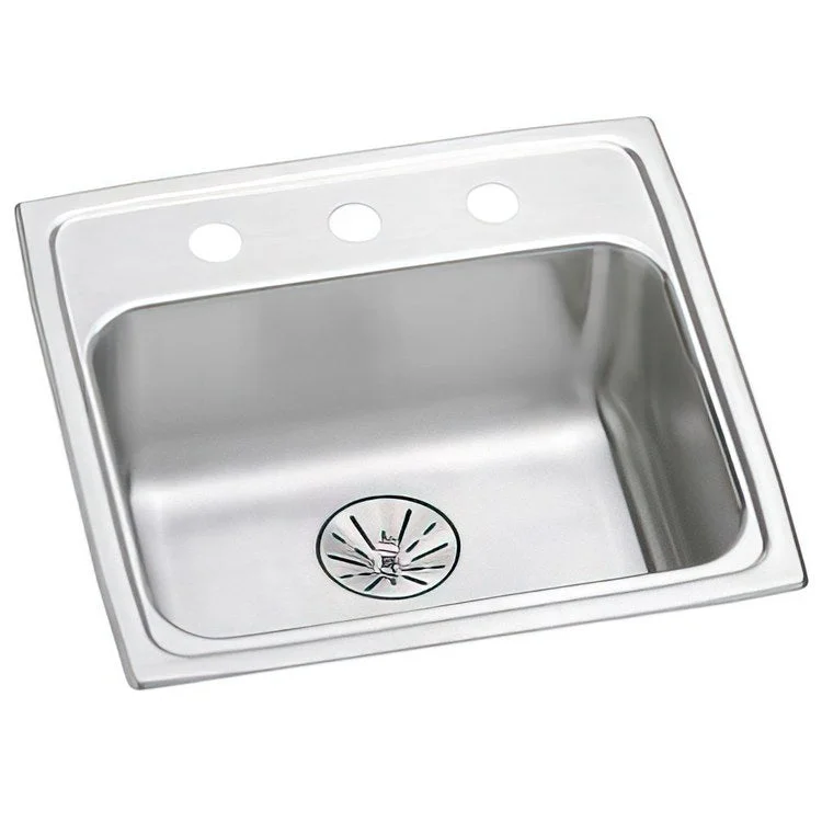 Kitchen Sink Lustertone Classic 19.5 x 19 Inch Single Bowl with Perfect Drain 3 Hole ADA Lustrous Satin Drop-In Rectangle Drain Location Rear Center Depth 6-1/2 Inch Bottom Only Pads