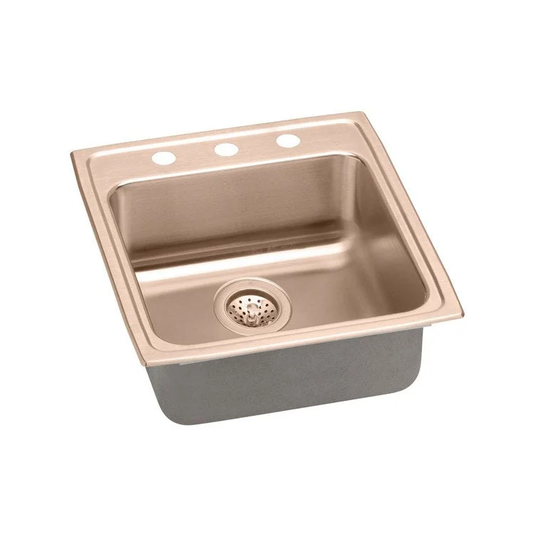 Kitchen Sink 19.5 x 22 Inch Single Bowl 2 Hole ADA Copper Drop-In Rectangle Drain Location Rear Center Depth 5-1/2 Inch Bottom Only Pads