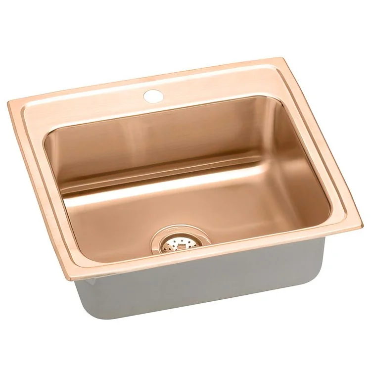 Kitchen Sink 22 x 19.5 Inch Single Bowl 1 Hole ADA Copper Drop-In Rectangle Drain Location Rear Center Depth 5 Inch Bottom Only Pads