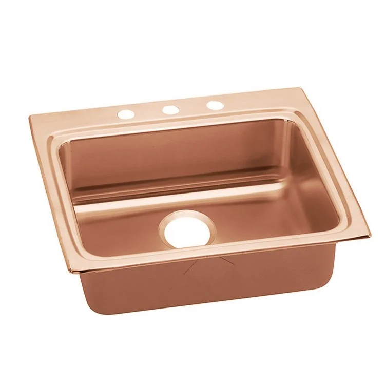 Kitchen Sink 25 x 22 Inch Single Bowl 3 Hole ADA Copper Drop-In Rectangle Drain Location Rear Center Depth 6-1/2 Inch Bottom Only Pads