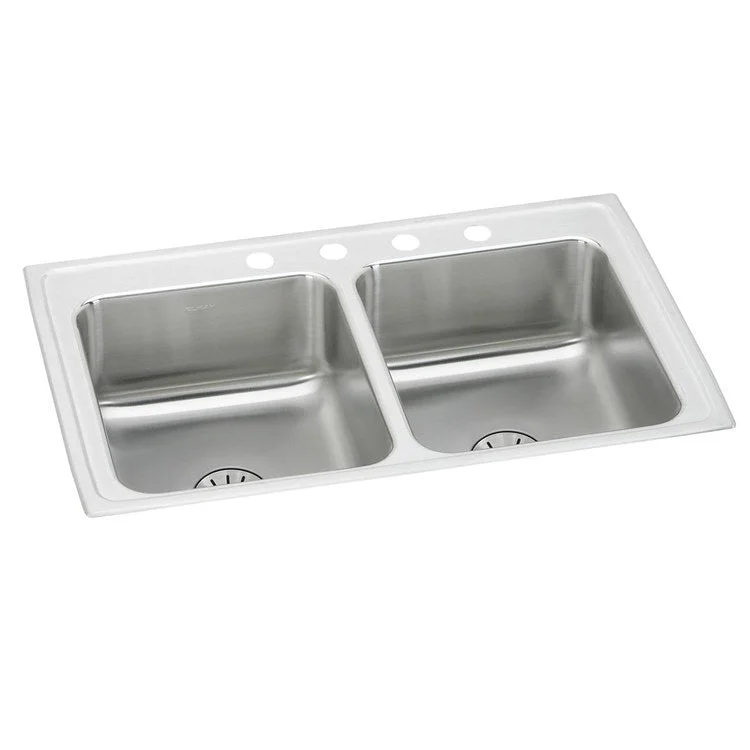 Kitchen Sink Lustertone Classic 29 x 18 Inch Double Bowl Equal with Perfect Drain ADA Lustrous Satin Drop-In Rectangle Drain Location Center Depth 6-1/2 Inch Bottom Only Pads