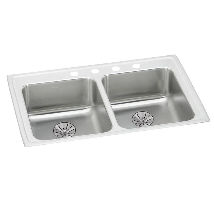 Kitchen Sink Lustertone Classic 29 x 22 Inch Double Bowl Equal with Perfect Drain 1 Hole ADA Lustrous Satin Drop-In Rectangle Drain Location Rear Center Depth 6-1/2 Inch Bottom Only Pads