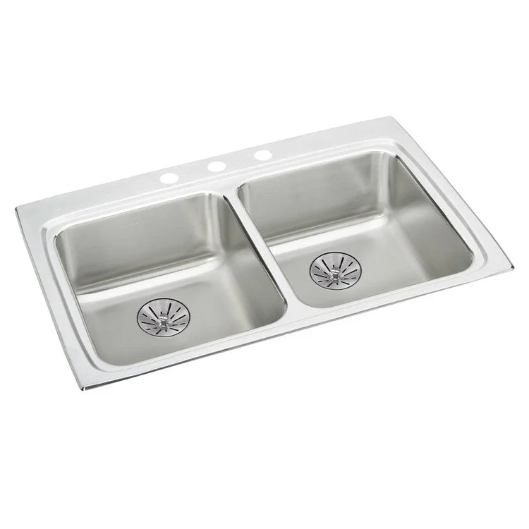 Kitchen Sink Lustertone Classic 33 x 22 Inch Double Bowl Equal with Perfect Drain ADA Lustrous Satin Drop-In Rectangle Drain Location Rear Center Depth 6-1/2 Inch Bottom Only Pads