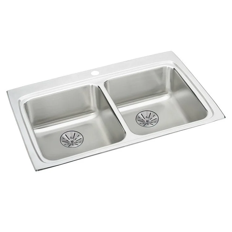 Kitchen Sink Lustertone Classic 33 x 22 Inch Double Bowl Equal with Perfect Drain 1 Hole ADA Lustrous Satin Drop-In Rectangle Drain Location Rear Center Depth 6-1/2 Inch Bottom Only Pads