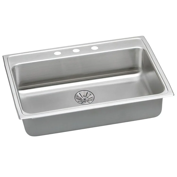 Kitchen Sink Lustertone Classic 31 x 22 Inch Single Bowl with Perfect Drain 3 Hole ADA Lustrous Satin Drop-In Rectangle Drain Location Rear Center Depth 6-1/2 Inch Quick Clip Mounting System Bottom Only Pads