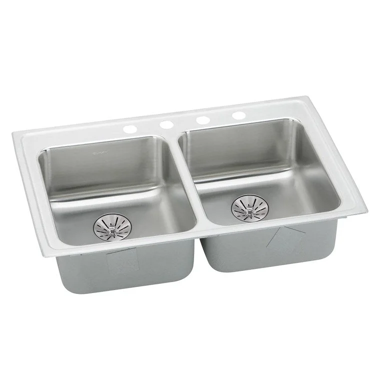 Kitchen Sink Lustertone Classic 33 x 19.5 Inch Double Bowl with Perfect Drain ADA Lustrous Satin Drop-In Rectangle Drain Location Rear Center Depth 6-1/2 Inch Quick Clip Mounting System Bottom Only Pads