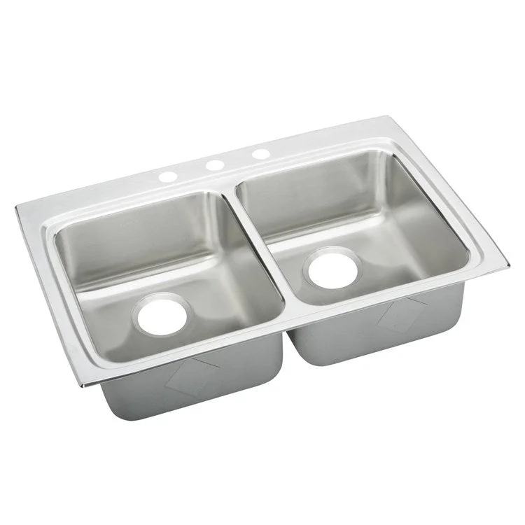 Kitchen Sink Lustertone Classic 33 x 22 Inch Double Bowl Equal 3 Hole ADA Lustrous Satin Drop-In Rectangle Drain Location Rear Center Depth 5 Inch Quick Clip Mounting System Bottom Only Pads