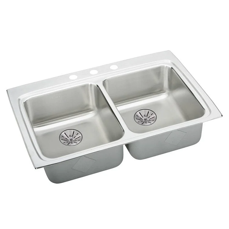 Kitchen Sink Lustertone Classic 33 x 22 Inch Double Bowl Equal with Perfect Drain ADA Lustrous Satin Drop-In Rectangle Drain Location Rear Center Depth 6-1/2 Inch Quick Clip Mounting System Bottom Only Pads