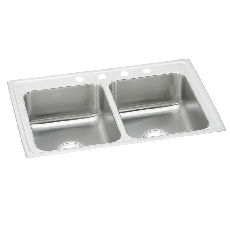 Kitchen Sink Celebrity 33 x 19.5 Inch Double Bowl Equal 2 Hole Brushed Satin Drop-In Drain Location Center Full Spray Sides and Bottom