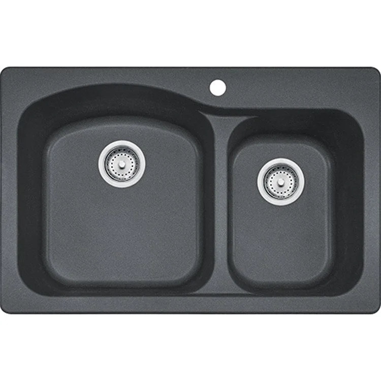 Kitchen Sink Gravity 33 x 22 Inch Double Bowl Offset 1-4 Hole Dark Gray Topmount/Undermount Rectangle