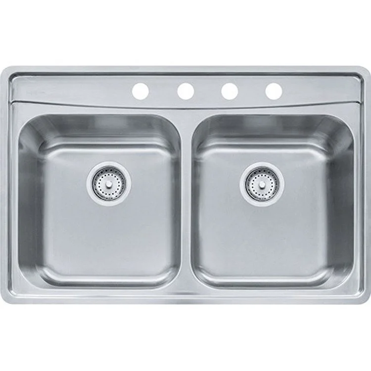 Kitchen Sink Evolution 22-1/2 x 33-1/2 Inch Double Bowl 4 Hole Satin C Deck Mount Rectangle Rear Center Drain