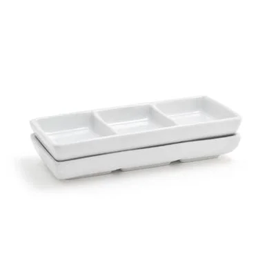 Front Of The House 6" x 2.5" Three Compartment Rectangle Dish, 1 Oz /Compartment, White 12 /Case