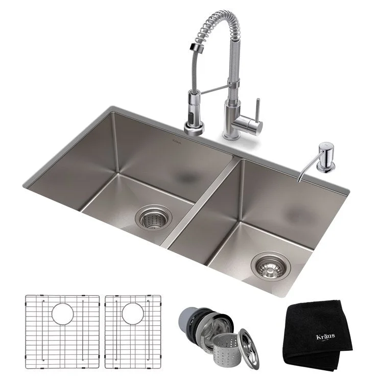 Standart Pro 33" 60/40 Double Bowl 16-Gauge Kitchen Sink Combo Set with Bolden 18" Kitchen Faucet and Soap Dispenser