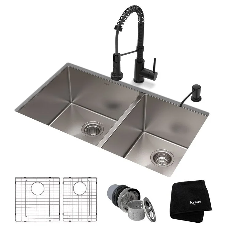 Standart Pro 33" 60/40 Double Bowl 16-Gauge Kitchen Sink Combo Set with Bolden 18" Kitchen Faucet and Soap Dispenser