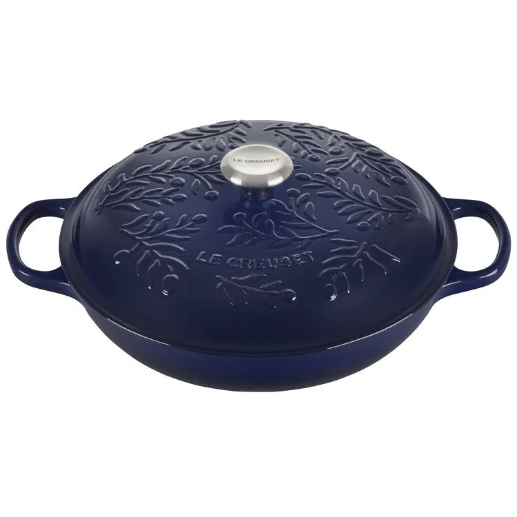 Olive Branch Collection 3.5-Quart Cast Iron Braiser with Embossed Lid and Stainless Steel Knob - Indigo