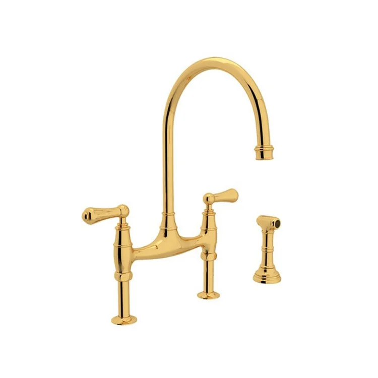 Kitchen Faucet Georgian Era 7-7/8 Inch Spread 2 Lever Unlacquered Brass Bridge Swivel Spout 1.8 Gallons per Minute